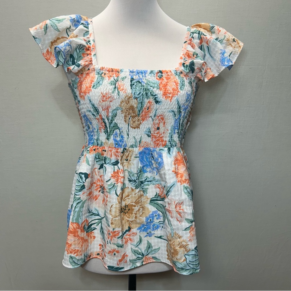 LOFT Multicolor Floral Cap Sleeveless Square Neck Ruched Blouse Top XS